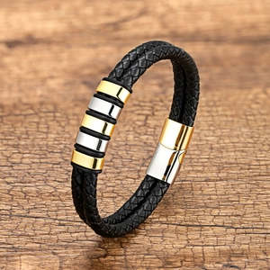 Bracelet pour hommes en cuir tressé double couche avec fermoir magnétique en acier