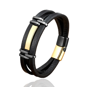 Gevlochten leren herenarmband met meerdere lagen en magnetische roestvrijstalen sluiting in goud