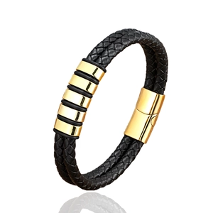 Bracelet pour homme en cuir noir tressé avec tubes dorés en acier et fermoir magnétique