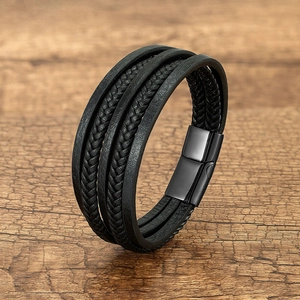 Men's Multi-layer Braided Leather Bracelet With Stainless Steel Magnetic Clasp Vintage Casual Woven Wristband Jewelry Gift