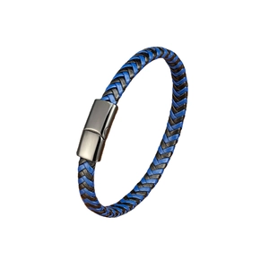 Men's braided leather bracelet with blue and black textures and magnetic clasp