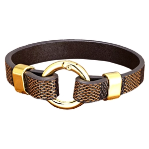 Deep brown leather bracelet with orange woven pattern and golden circular spring clasp