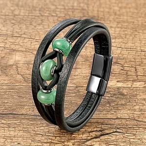 Bracelet en Cuir Multi-Rangs pour Homme Avec Fermoir Magnétique en Acier Inoxydable Perles en Pierre Naturelle Bijoux Rétro