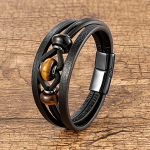 Bracelet multicouche pour hommes en cuir noir avec perles oeil de tigre et fermoir