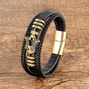 Vintage Multi-Layer Braided Leather Bracelet With Stainless Steel Magnetic Clasp Zirconia Star Pendant Punk Jewelry For Men Women