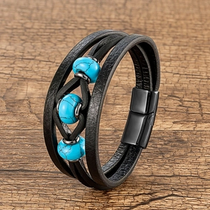 Bracelet multicouche en cuir pour homme avec pierres turquoise et fermoir magnétique noir