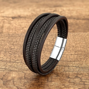 Men's multi-layer dark brown braided leather bracelet with polished silver magnetic clasp