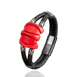 Men's double-row black braided leather bracelet with red stones and magnetic clasp