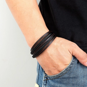 Men's multilayer braided leather bracelet with brown and black cords for causal wear