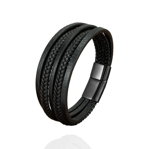 Men's multilayer black braided leather bracelet with high-quality metal magnetic clasp