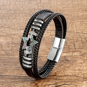 Multilayer black leather bracelet with star anchor charm and magnetic steel clasp
