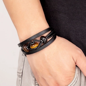 Bracelet multicouche en cuir pour hommes avec pierres œil de tigre et fermoir en acier