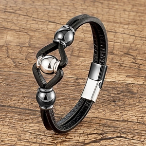 Bracelet multicouche en cuir noir pour homme avec trois perles en acier argenté