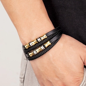 Vintage gevlochten leren herenarmband met meerlaagse koorden en stalen magneetsluiting
