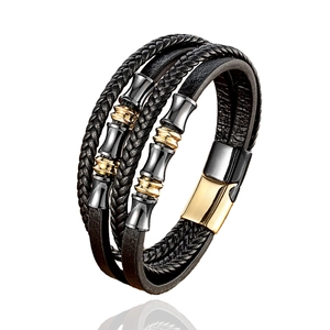Vintage gevlochten lederen armband voor heren met rvs magnetische sluiting in zwart en goud
