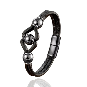 Bracelet multicouche pour homme en cuir noir avec perles d'acier et fermoir magnétique