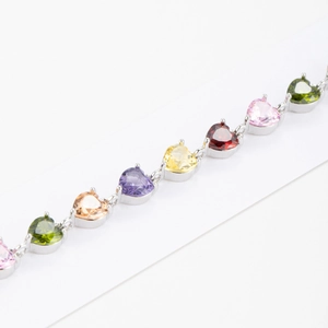 Elegant multi-color heart-shaped zircon bracelet with polished silver-finish base