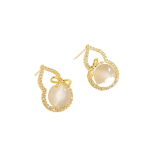 Boucles d'oreilles gourde dorées avec pierre œil de chat et zircons pour femmes