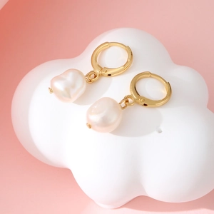 Vintage Luxury Copper Hoop Earrings With Elegant Artificial Baroque Pearl Dangle Irregular White Artificial Pearl Drop Earrings For Women Jewelry