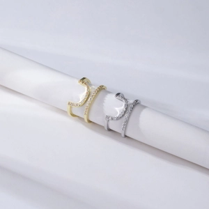 Bague géométrique élégante à double couche en forme de U avec strass en or et argent