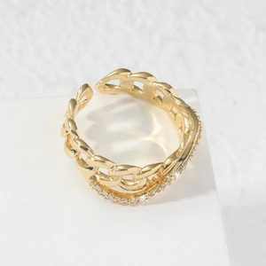 Golden Cuban link open ring with sparkling pavé zircon stones on minimalist pedestal