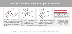 Size guide with four steps for measuring finger circumference using paper strips and a ruler