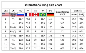 Detailed international ring size chart with US, UK, EU measurements for gold wave ring