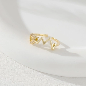 Minimalist Copper Heartbeat Wave Open Ring For Women Heart Shaped Rhinestone Inlaid Fashion Jewelry Gold Silver Adjustable Finger Ring
