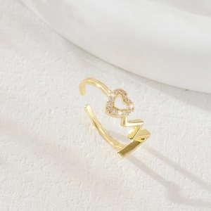 Minimalist gold heartbeat wave open ring with hollow heart and inlaid zircons