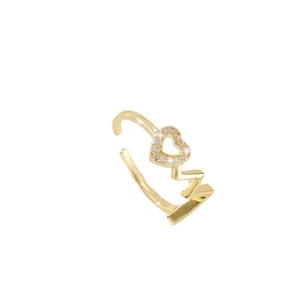 Minimalist heartbeat wave ring with pavé zircon heart in polished golden finish