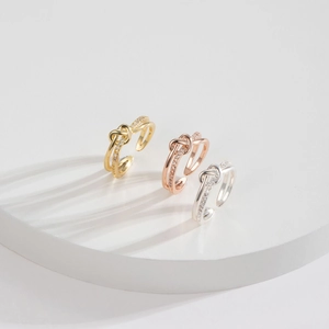 Minimalist Copper Heart Knot Open Ring Elegant Zirconia Paved Adjustable Ring For Women Korean Fashion Niche Finger Jewelry