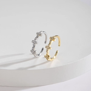 Minimalist adjustable cross open rings with sparkling pavé zircons in gold and silver