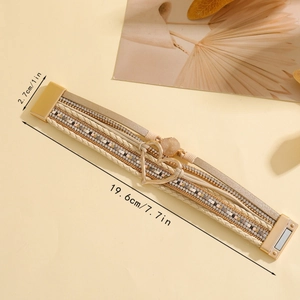Pulsera multicapa bohemia de cuero con corazón dorado y piedra natural 19.6cm