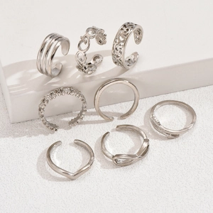 Set of 8 silver adjustable toe rings with geometric wave and hollow carving patterns