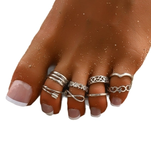 8-piece set of silver boho toe rings featuring infinity and arrow designs for women