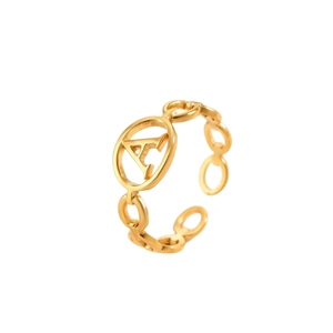 Anello regolabile in acciaio inossidabile dorato con maglie a catena e motivo lettera A
