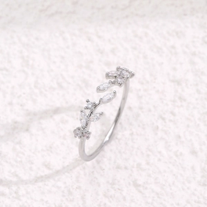 Adjustable silver leaf ring with micro-set white cubic zirconia marquise stones