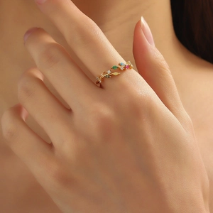 Adjustable gold ring with colorful marquise-cut zircon leaves and sparkling accents