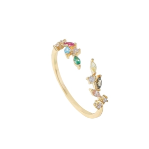 Adjustable gold leaf ring featuring colorful micro-pave marquise zirconia stones