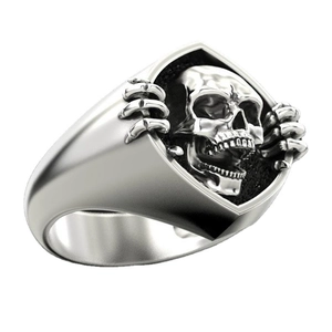 Retro-Punk-Totenkopfring für Herren mit silbernem Skeletthand-Design und Gothic-Metalltextur