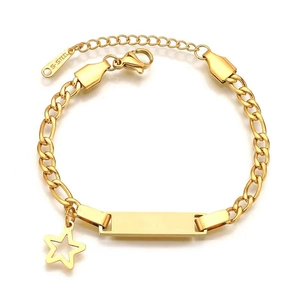 Close-up of golden stainless steel Figaro bracelet with custom rectangle bar and star charm