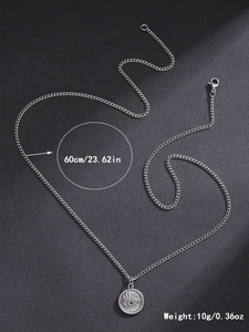 Detail of silver evil eye coin pendant showing 60cm chain length and 10g weight
