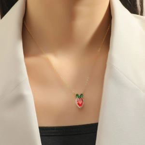 Chic gold chain necklace featuring a sparkling red strawberry zircon pendant for women