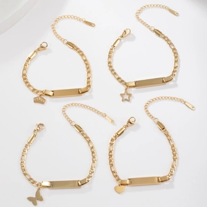 Stainless Steel Figaro Chain ID Bracelet With Blank Rectangular Plate Heart Butterfly Star Crown Charms Jewelry For Women