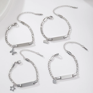 Polished silver stainless steel Figaro bracelet set with heart, star, and butterfly charms