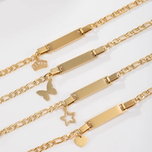 Gold stainless steel ID bracelets with crown, butterfly, star and heart charms set