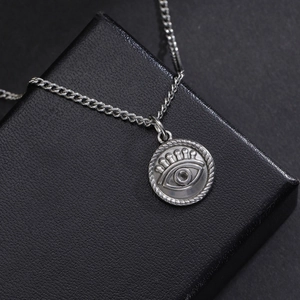 Vintage Stainless Steel Evil Eye Pendant Necklace Silver Round Coin Sunburst Medallion O-Chain Necklace For Women Jewelry