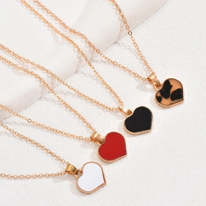 Elegant Heart Pendant Necklace Alloy Gold Plated Drip Oil Enamel Beaded Edge Clavicle Chain Women Valentine Jewelry Gift