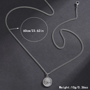 Minimalist evil eye pendant necklace in silver stainless steel, 60cm length, 10g weight