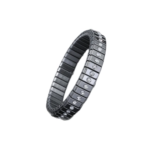 Minimalist black stainless steel stretch bracelet with inlaid white zircons on white backdrop